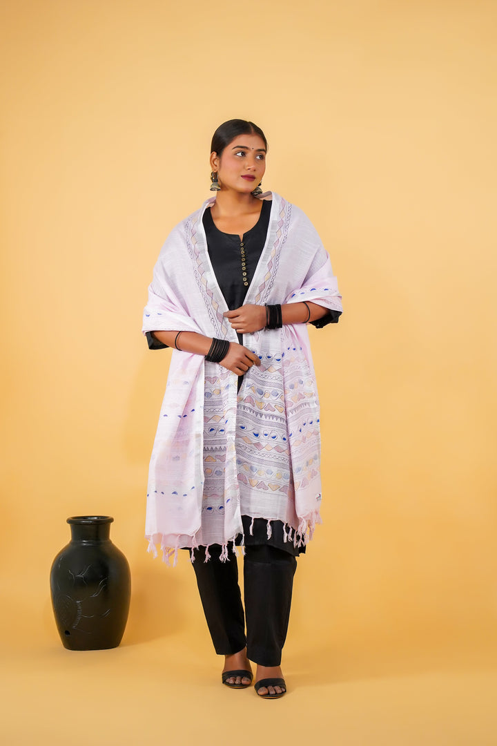 White Hand Drawn Madhubani Cotton Dupatta