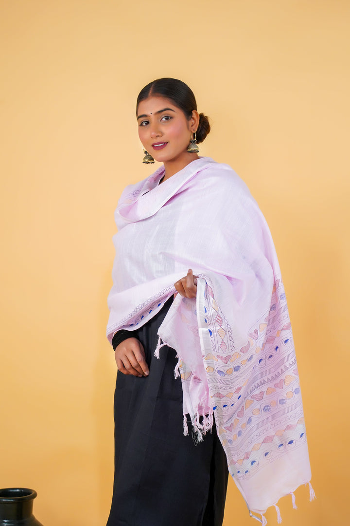 White Hand Drawn Madhubani Cotton Dupatta