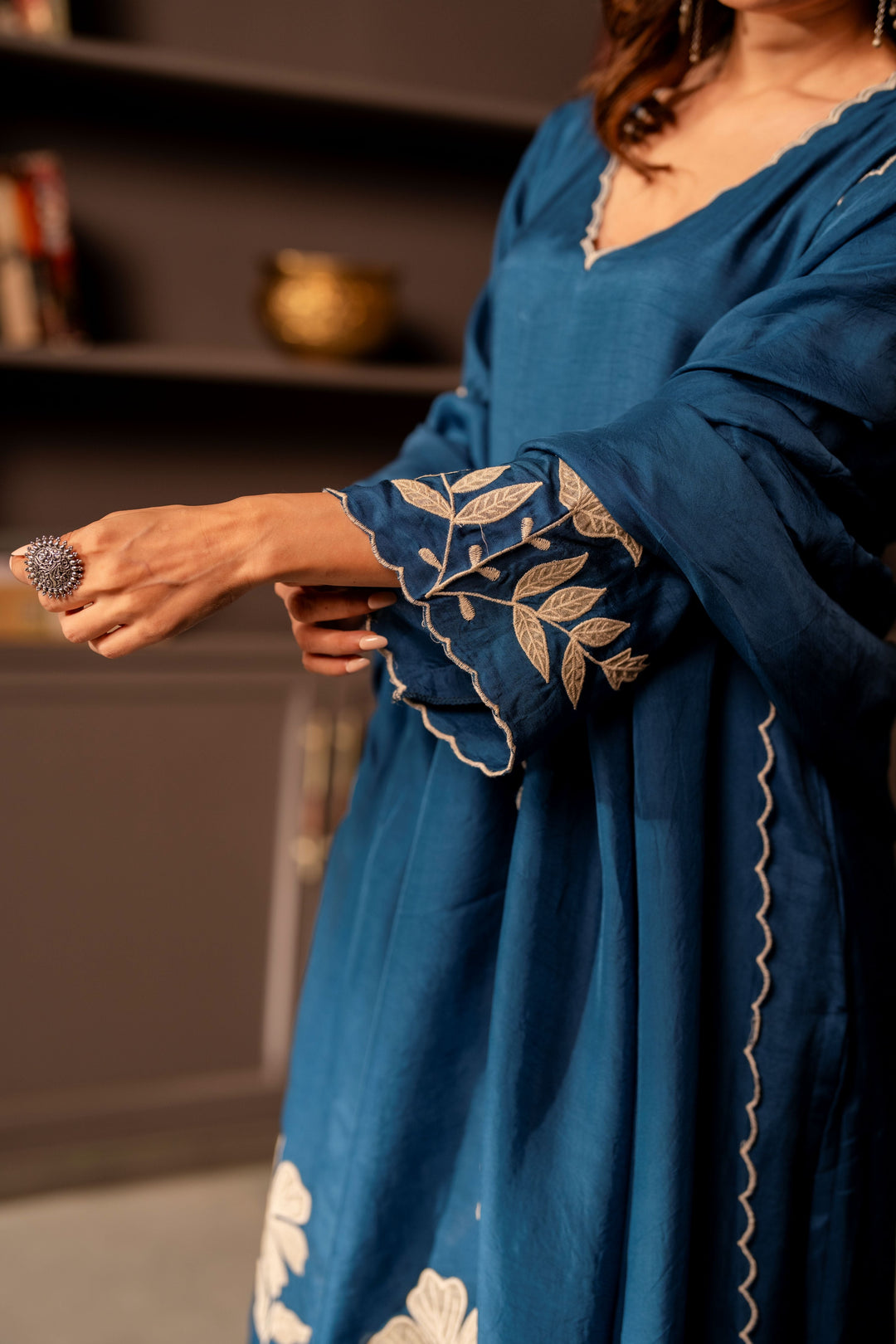 Rama blue appliqué work pure dola silk suit set- SET OF-3 | SHOBITAM