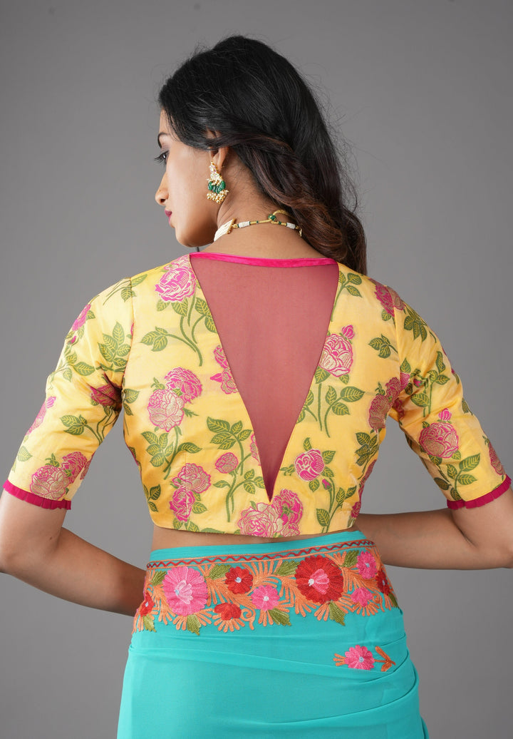 Light Yellow Banarasi Meenakari Blouse with V neck and Florals, Customizable, Made To Order