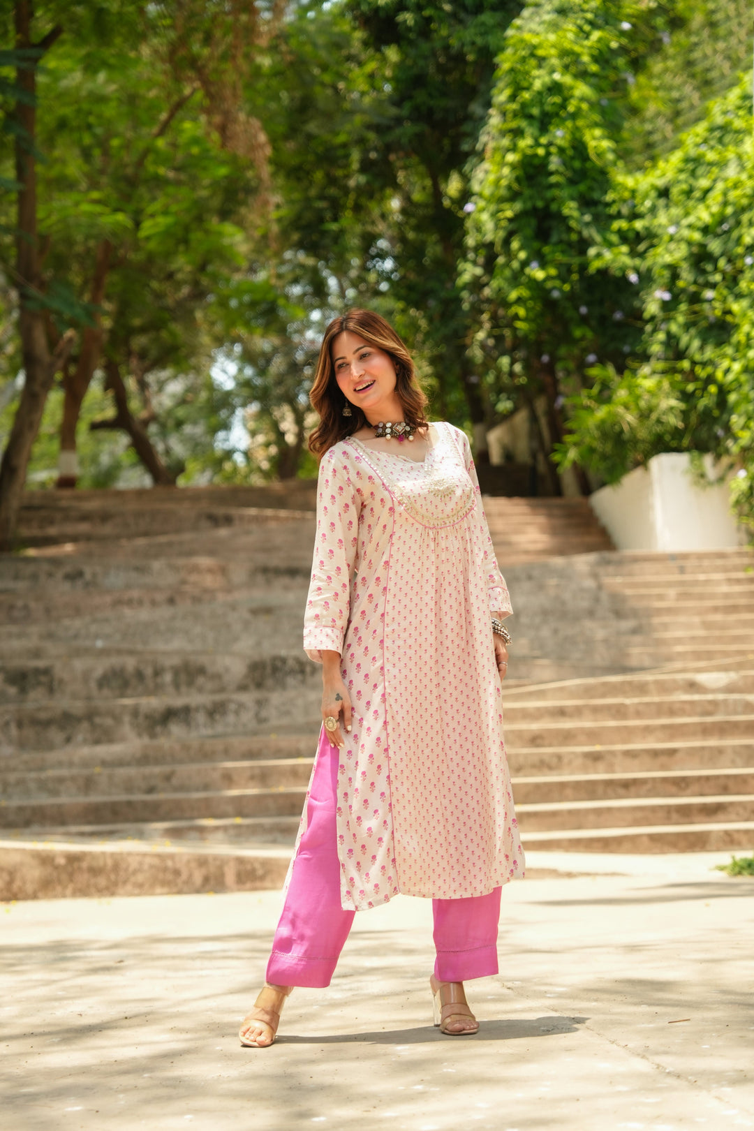 Pink and Beige Pure Muslin Gota Work Yoke Block Printed Kurta Set - SET OF-2 | SHOBITAM
