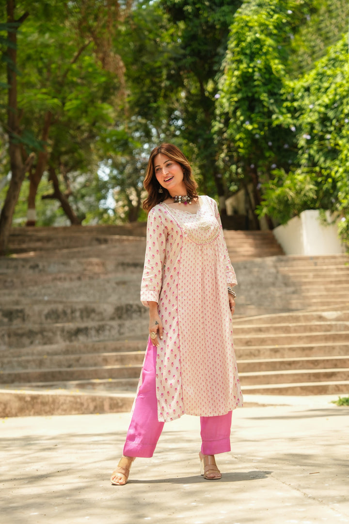 Pink and Beige Pure Muslin Gota Work Yoke Block Printed Kurta Set - SET OF-2 | SHOBITAM