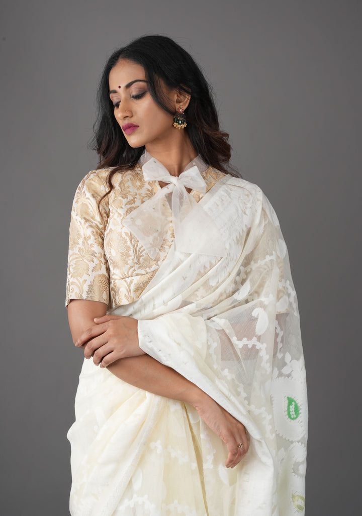 Off White Banarasi Brocade Blouse with Tie Neck, Customizable, Made to Order