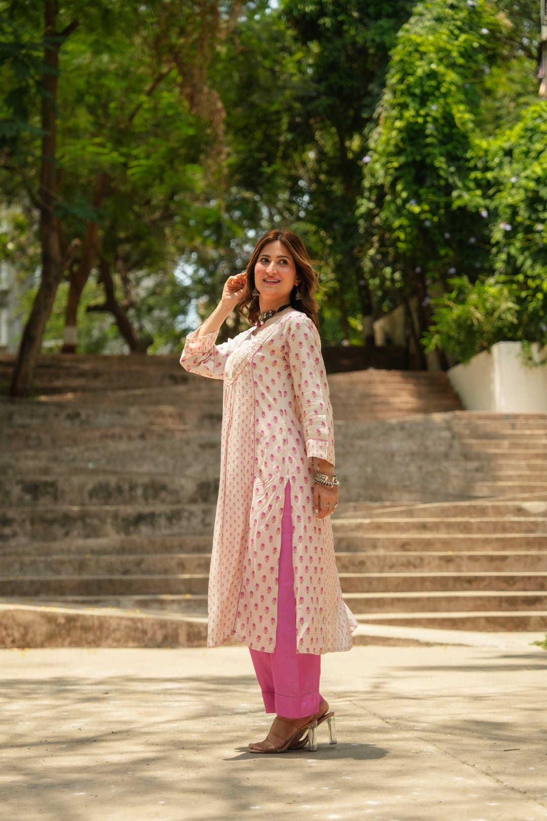 Pink and Beige Pure Muslin Gota Work Yoke Block Printed Kurta Set - SET OF-2 | SHOBITAM