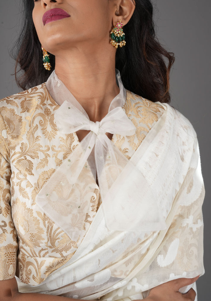 Off White Banarasi Brocade Blouse with Tie Neck, Customizable, Made to Order