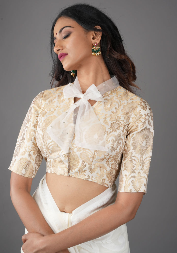 Off White Banarasi Brocade Blouse with Tie Neck, Customizable, Made to Order | SHOBITAM