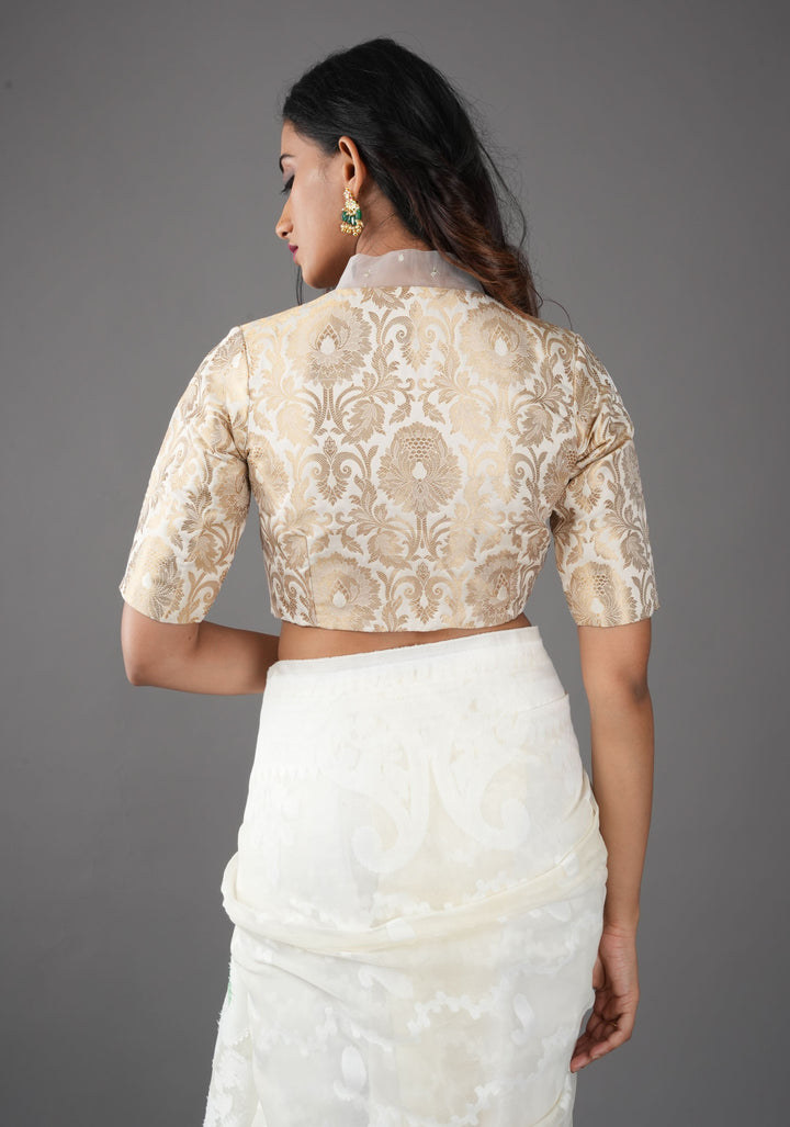 Off White Banarasi Brocade Blouse with Tie Neck, Customizable, Made to Order