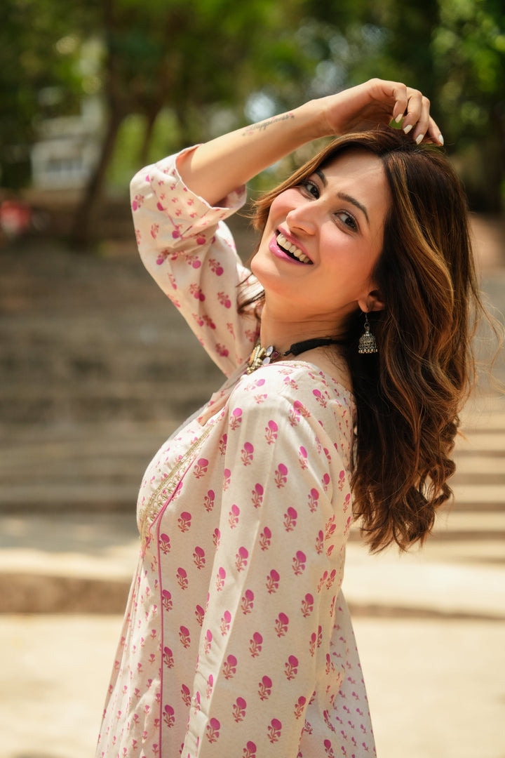Pink and Beige Pure Muslin Gota Work Yoke Block Printed Kurta Set - SET OF-2 | SHOBITAM