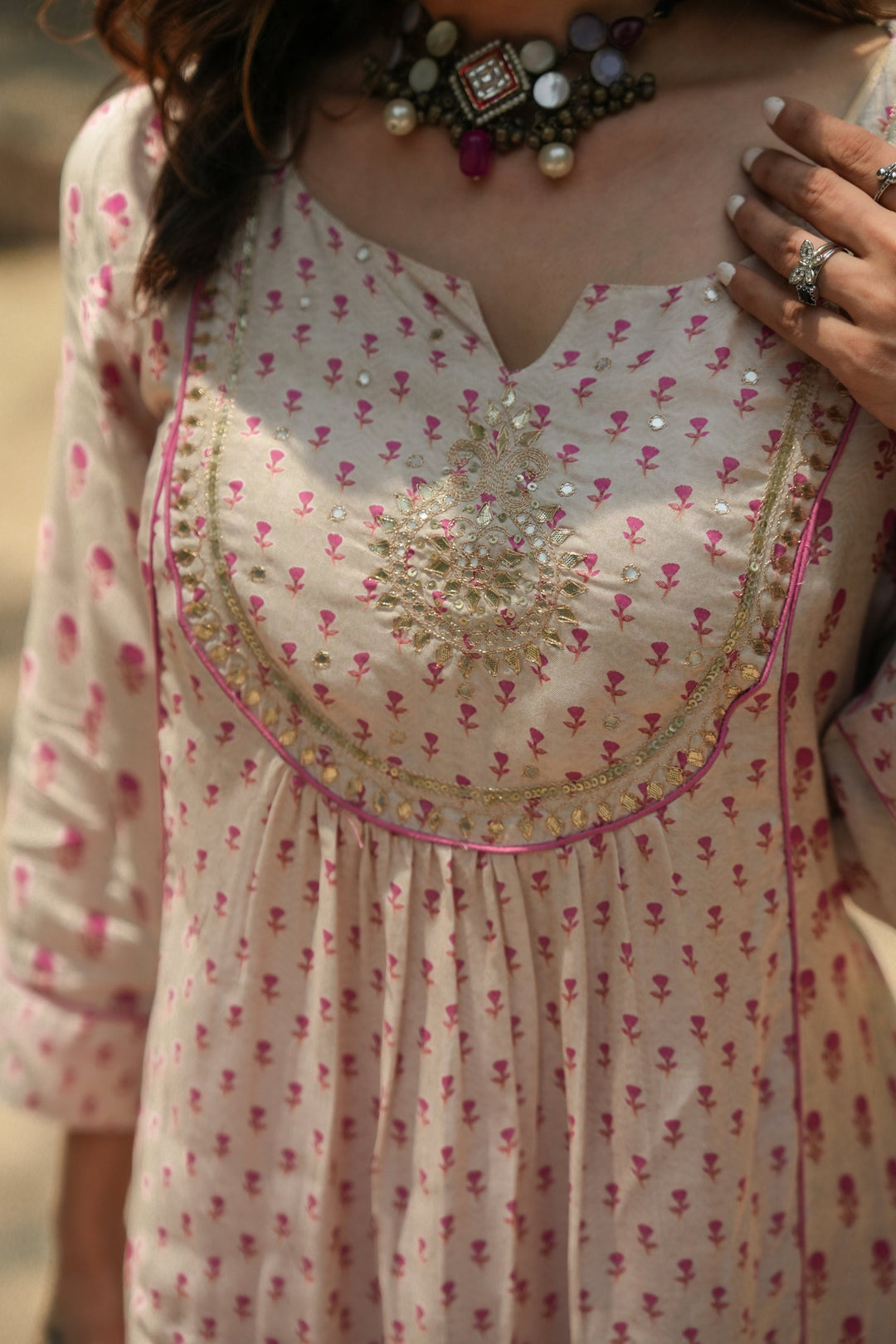 Pink and Beige Pure Muslin Gota Work Yoke Block Printed Kurta Set - SET OF-2 | SHOBITAM