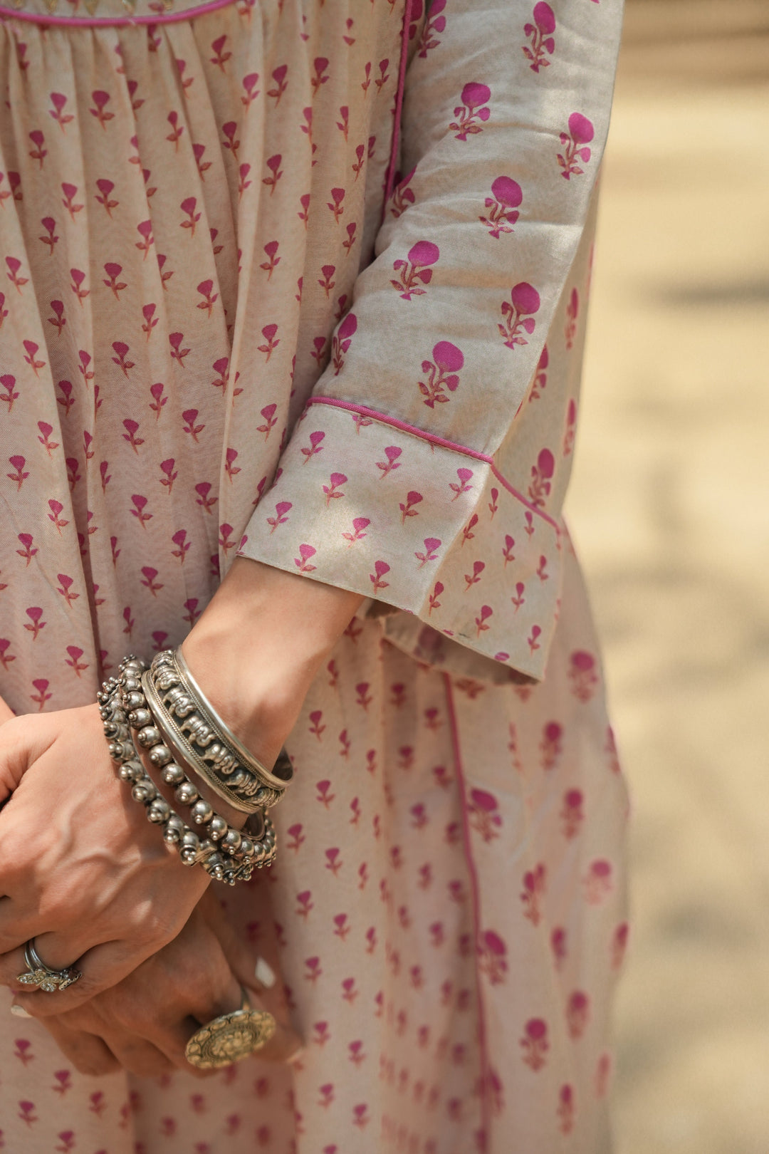 Pink and Beige Pure Muslin Gota Work Yoke Block Printed Kurta Set - SET OF-2 | SHOBITAM