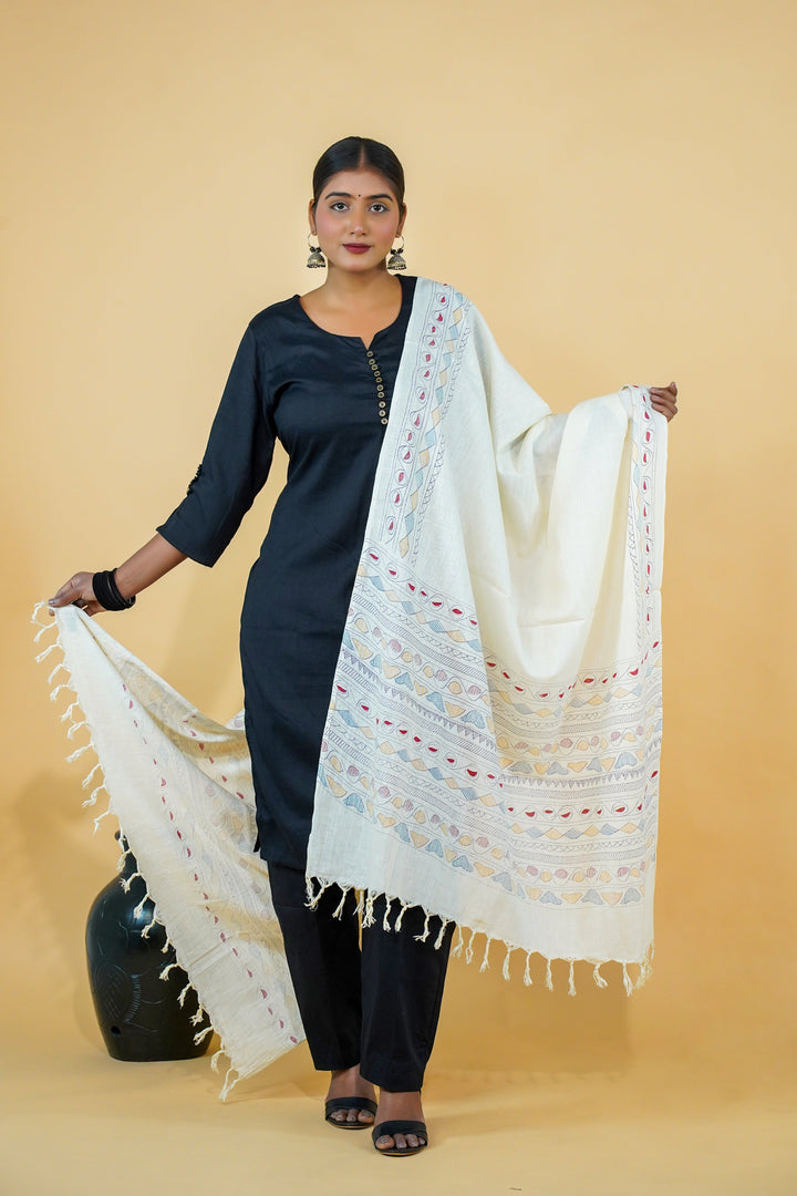 Cotton Duptta With Madhubani Painting