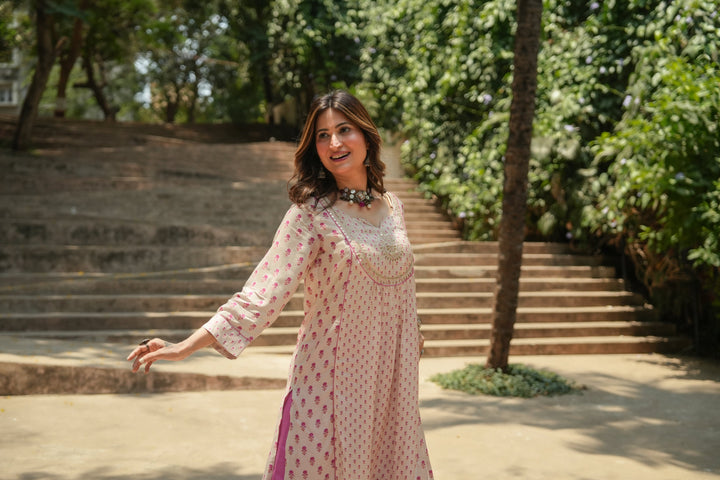 Pink and Beige Pure Muslin Gota Work Yoke Block Printed Kurta Set - SET OF-2 | SHOBITAM