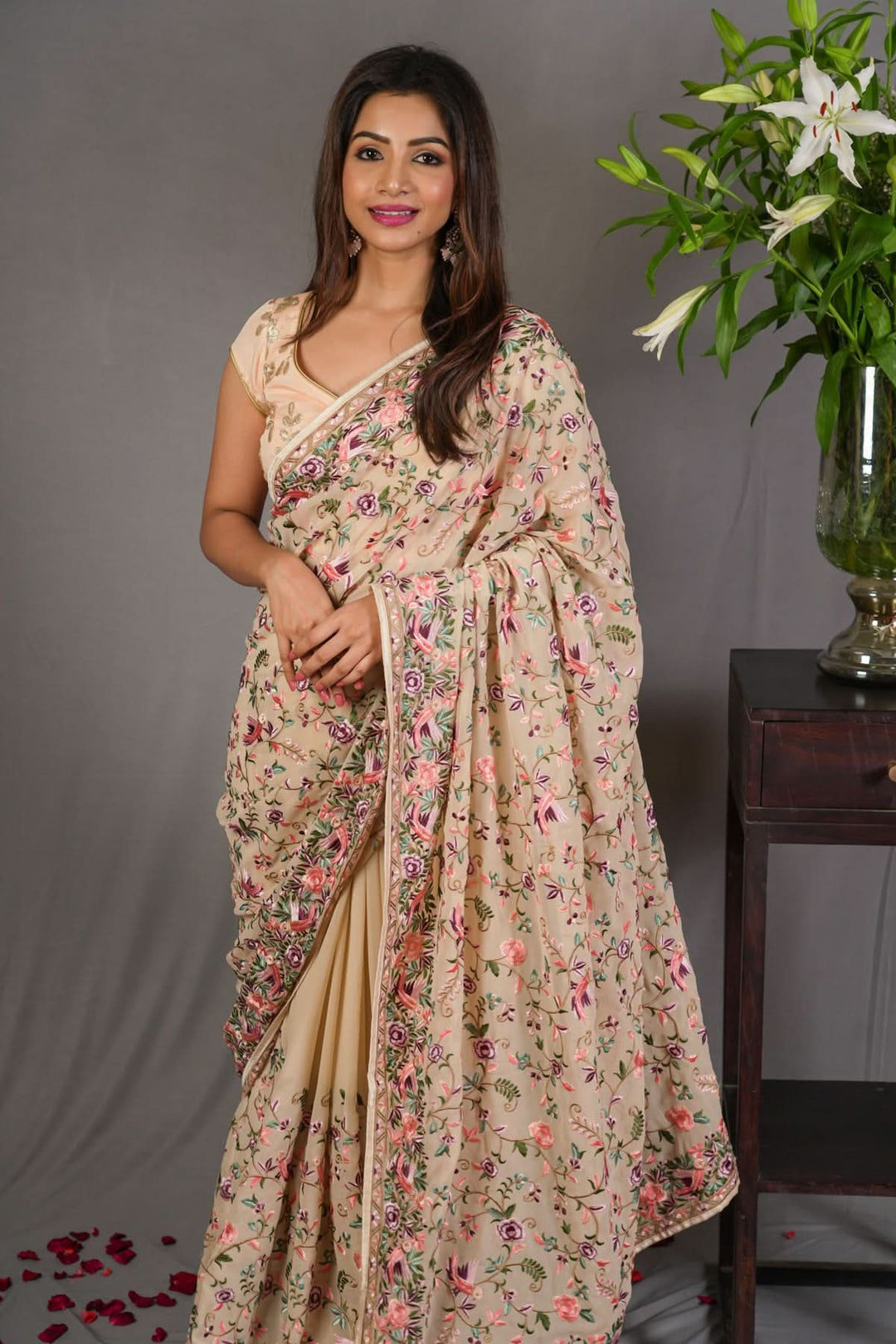 beige Machine Embroidered Parsi Gara Design Georgete Saree