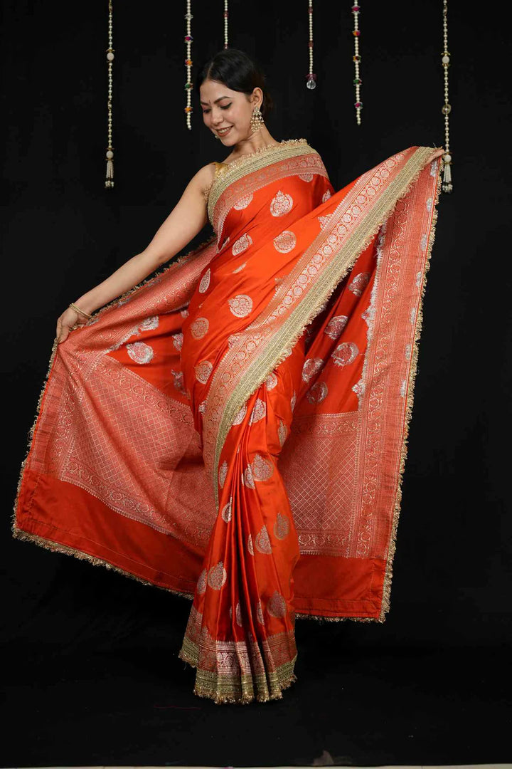 Beautiful Red Banarasi Mashru Silk with Golden Zari Weaved & Minakari Boota Wrap in 1 Minute Saree | SILK MARK CERTIFIED