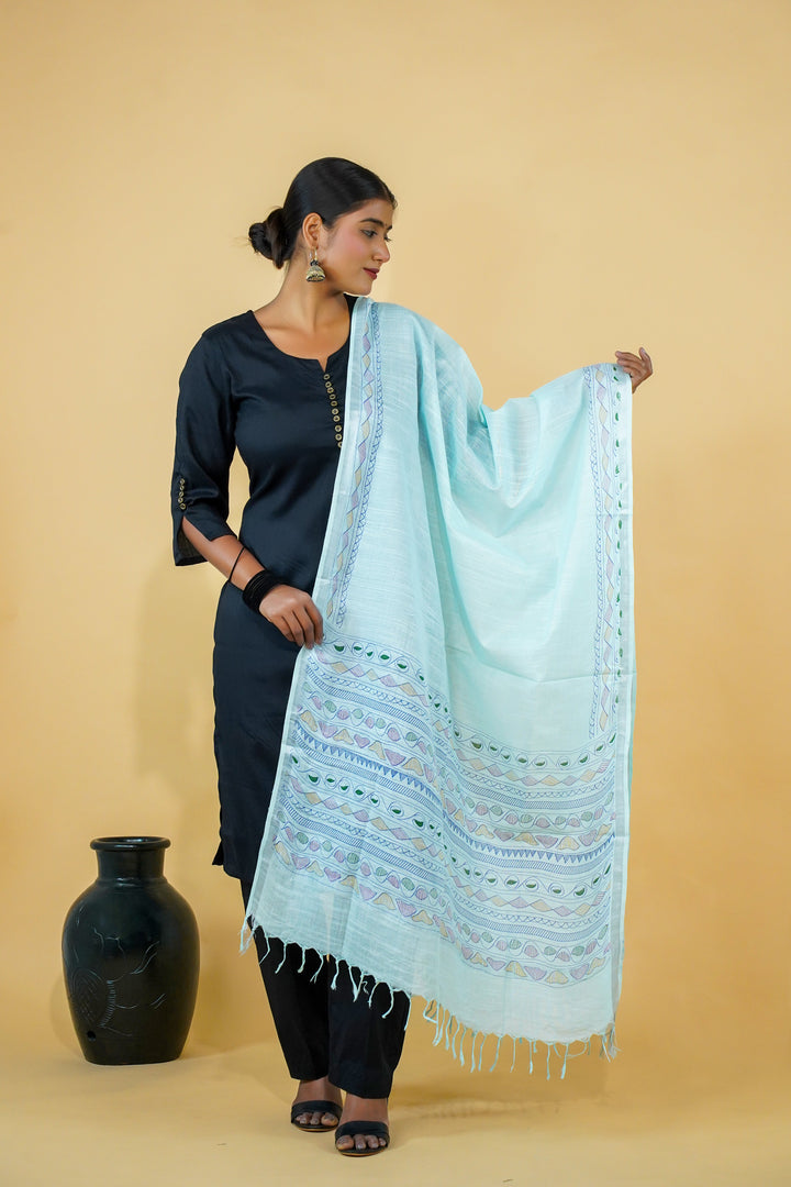 Sky Blue Madhubani Print Cotton Dupatta