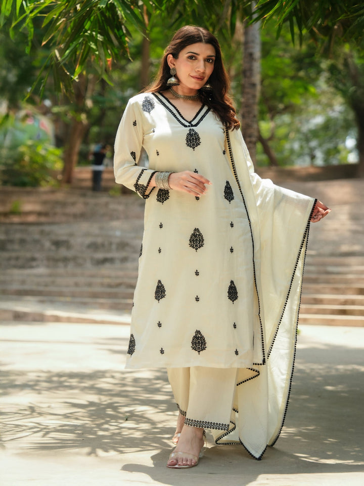 Black and Off White Kota Doriya with Thread Buti Suit Set- SET OF-3 | SHOBITAM
