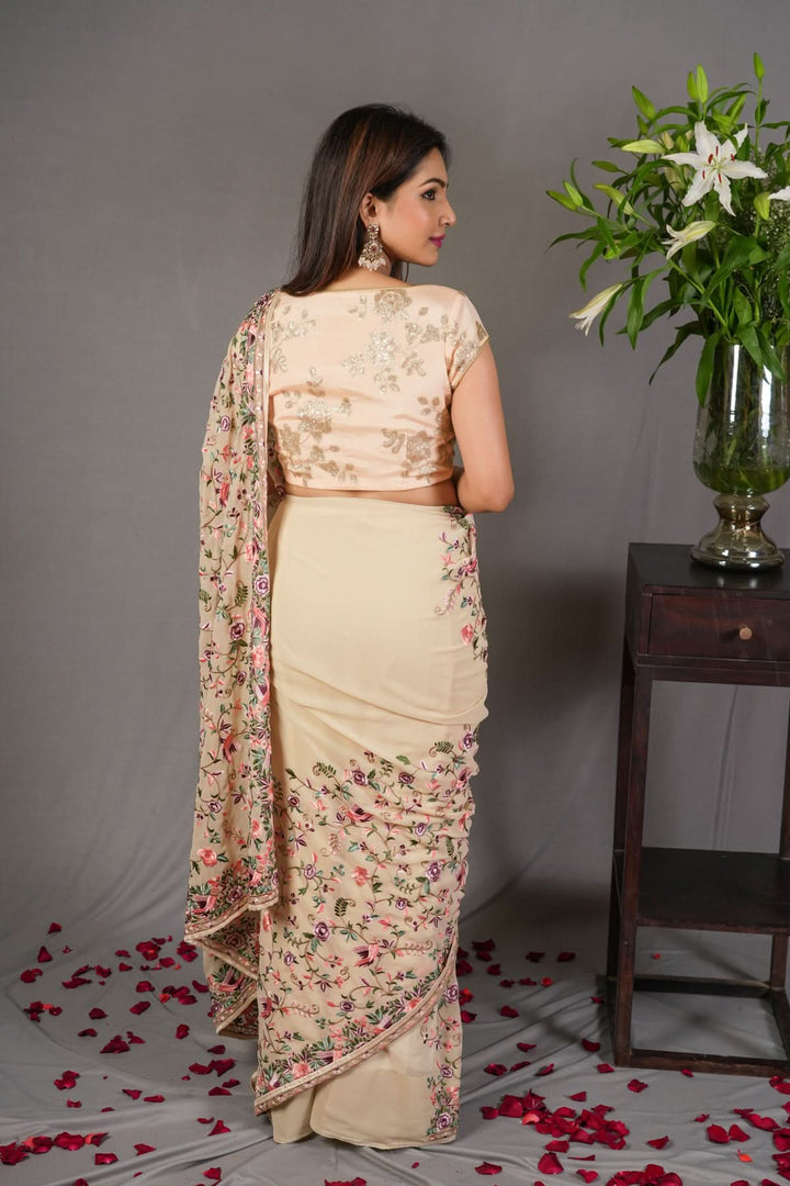 beige Machine Embroidered Parsi Gara Design Georgete Saree
