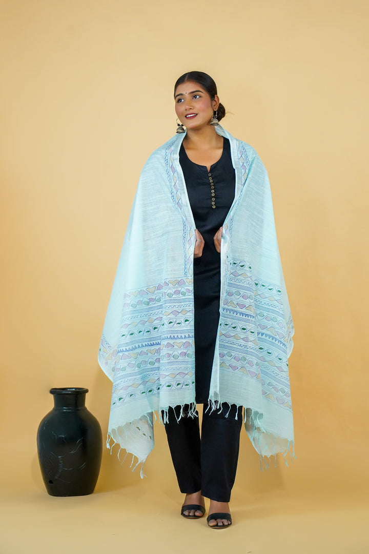 Sky Blue Madhubani Print Cotton Dupatta