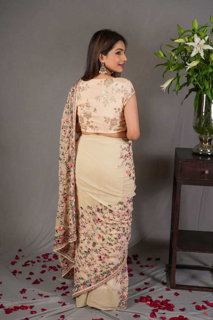beige Machine Embroidered Parsi Gara Design Georgete Saree
