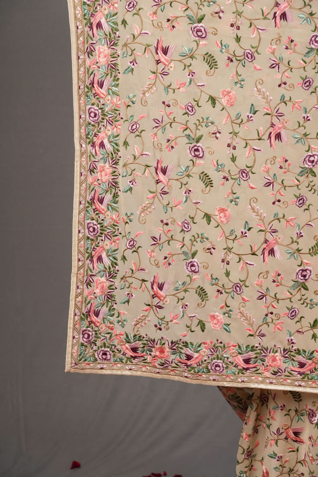 beige Machine Embroidered Parsi Gara Design Georgete Saree