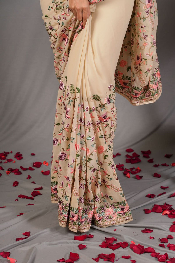 beige Machine Embroidered Parsi Gara Design Georgete Saree