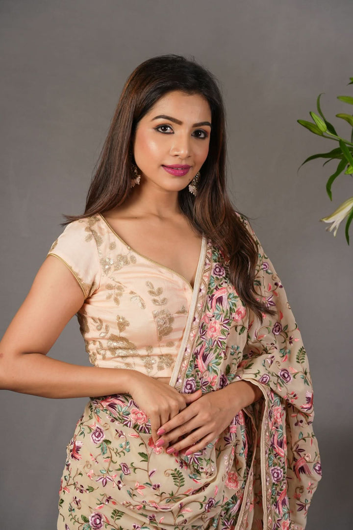 beige Machine Embroidered Parsi Gara Design Georgete Saree