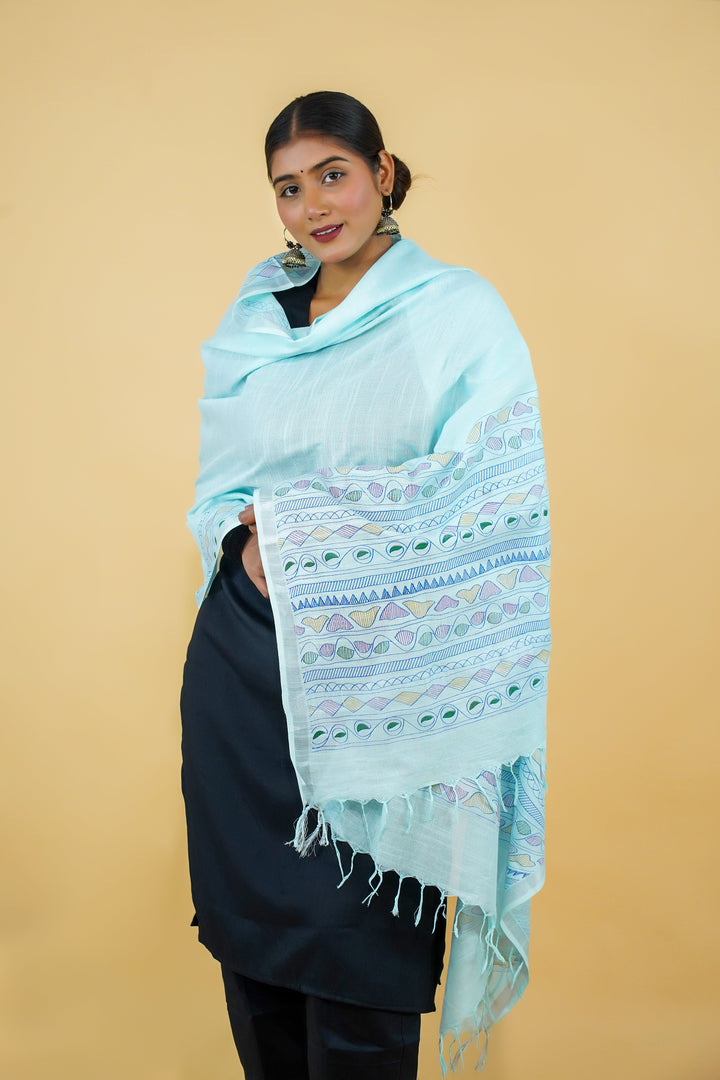 Sky Blue Madhubani Print Cotton Dupatta