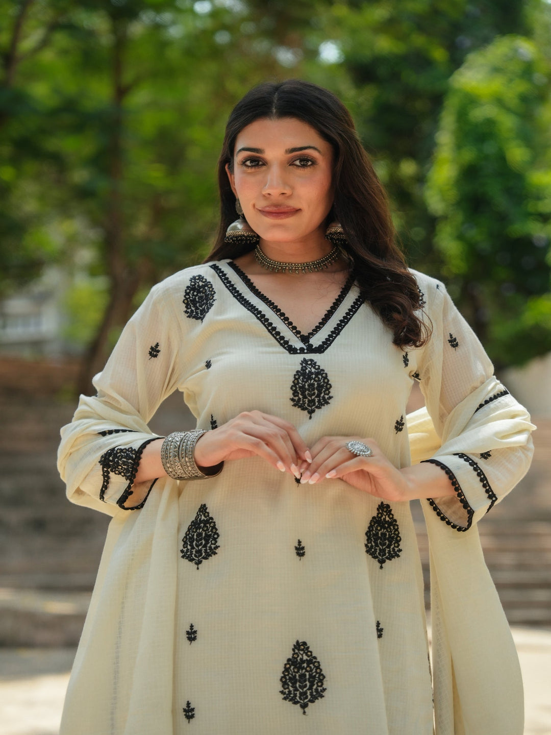 Black and Off White Kota Doriya with Thread Buti Suit Set- SET OF-3 | SHOBITAM