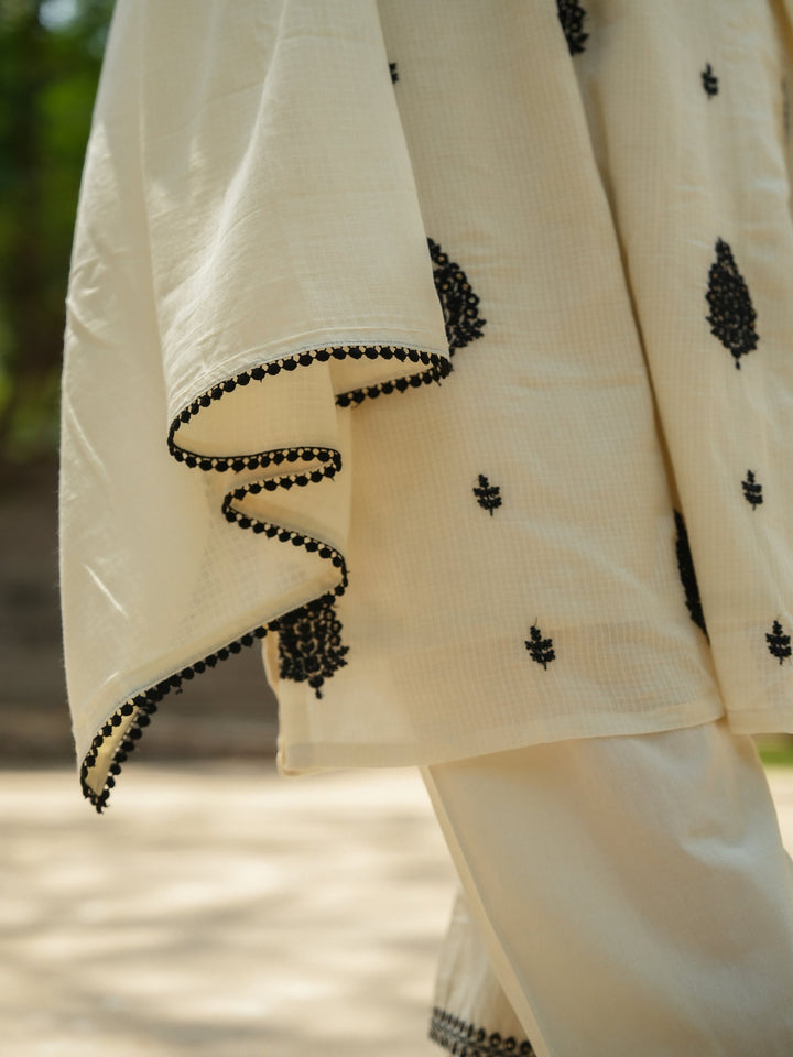 Black and Off White Kota Doriya with Thread Buti Suit Set- SET OF-3 | SHOBITAM