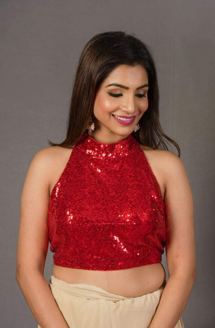 Sequin Halter neck and backless design Blouse in Red