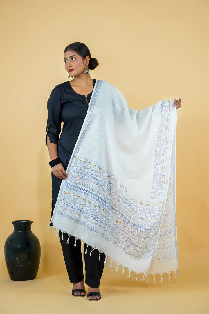 White Madhubani Print Cotton Dupatta