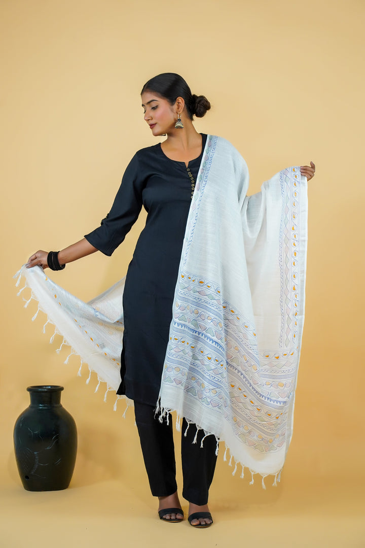 White Madhubani Print Cotton Dupatta