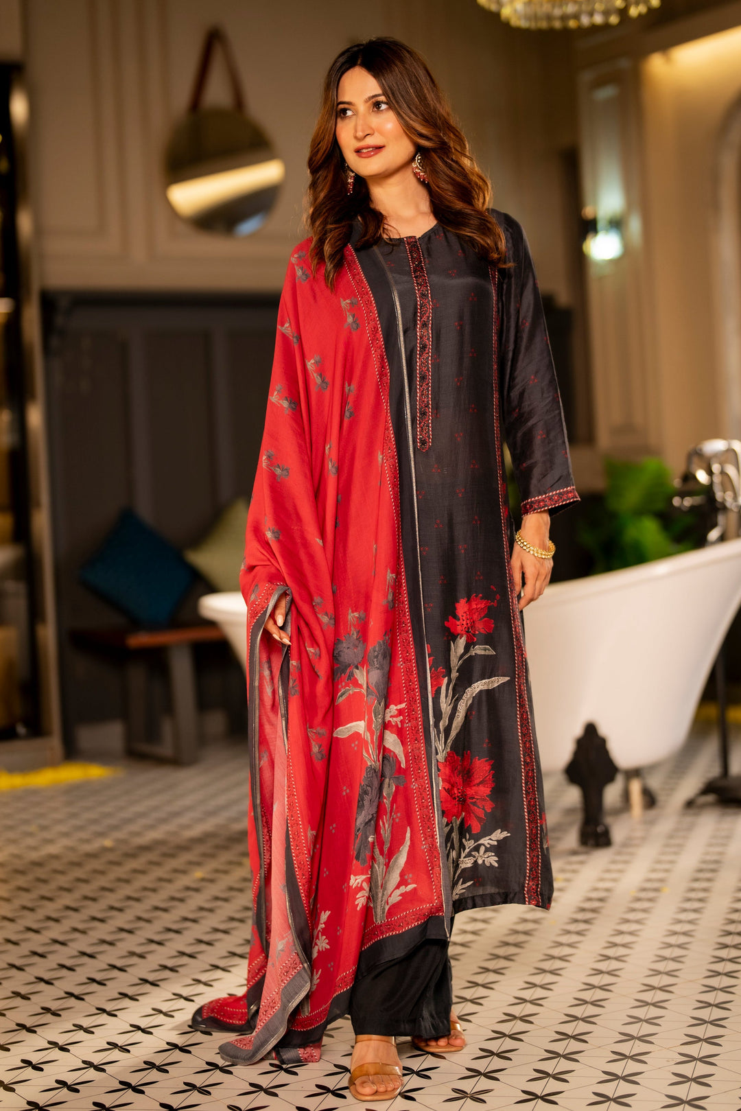 Black and Red Muslin Floral Panel Print Suit Set with beads work- SET OF-3 | SHOBITAM