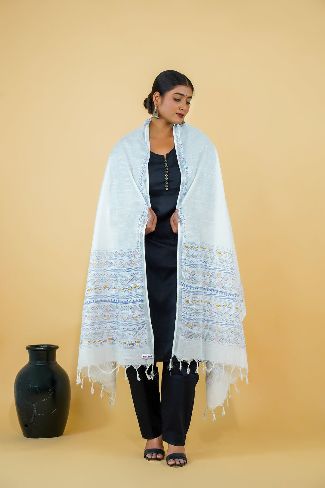 White Madhubani Print Cotton Dupatta