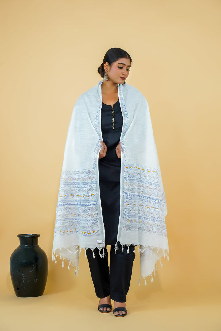 White Madhubani Print Cotton Dupatta