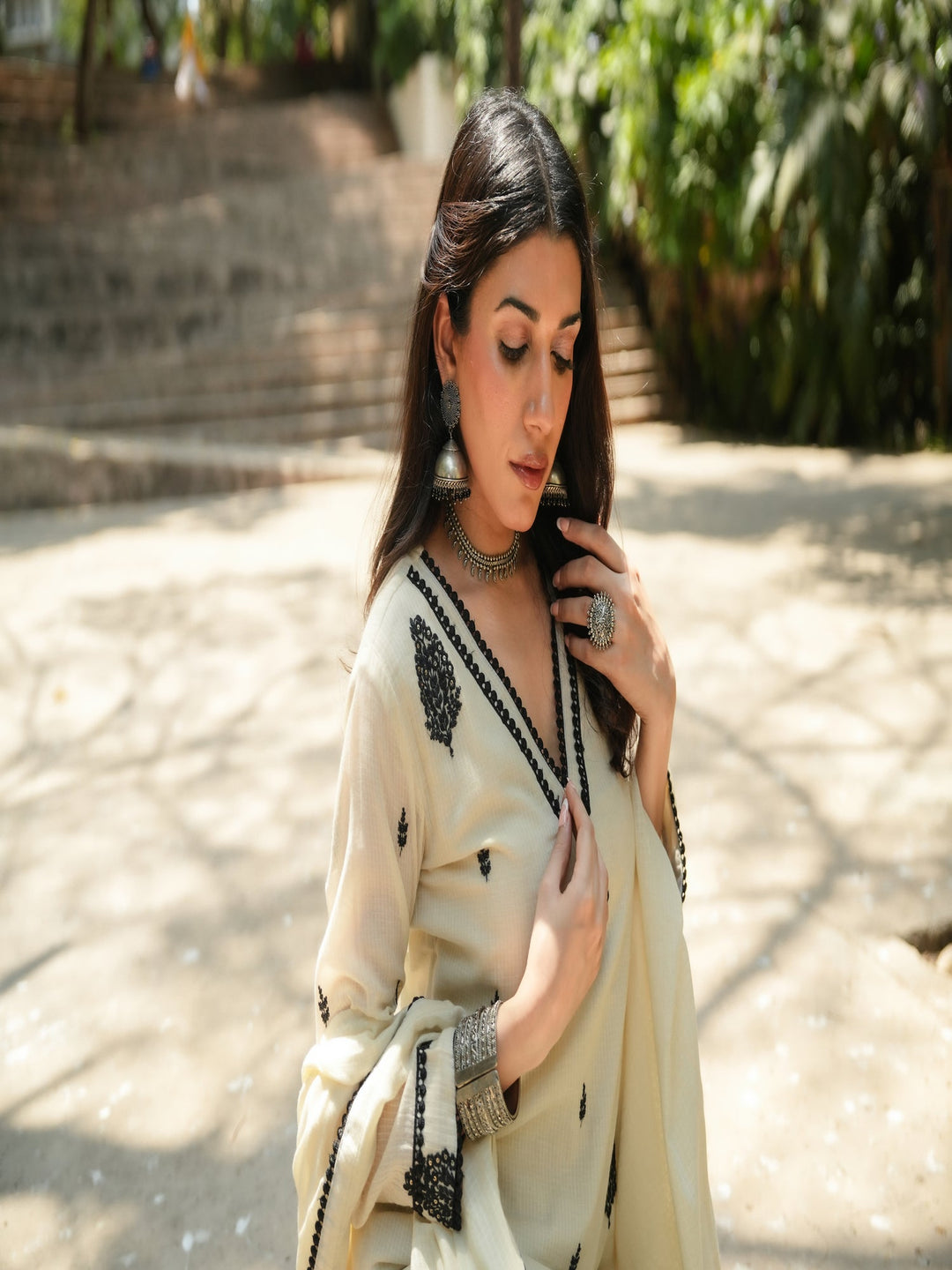 Black and Off White Kota Doriya with Thread Buti Suit Set- SET OF-3 | SHOBITAM