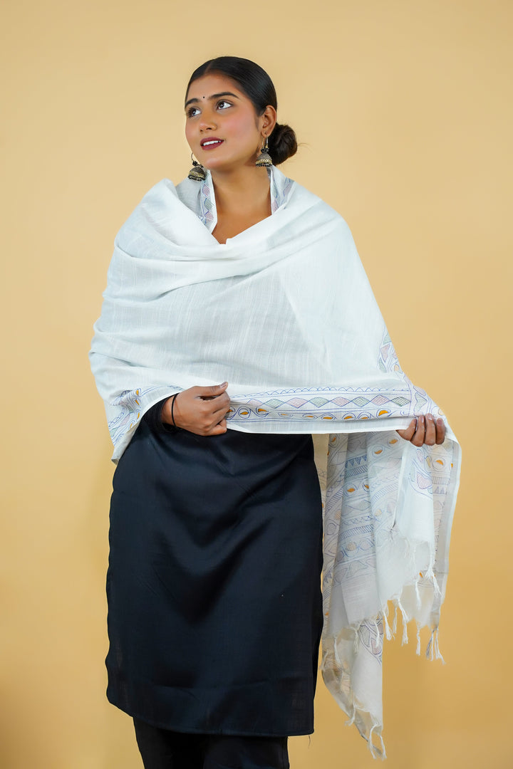 White Madhubani Print Cotton Dupatta