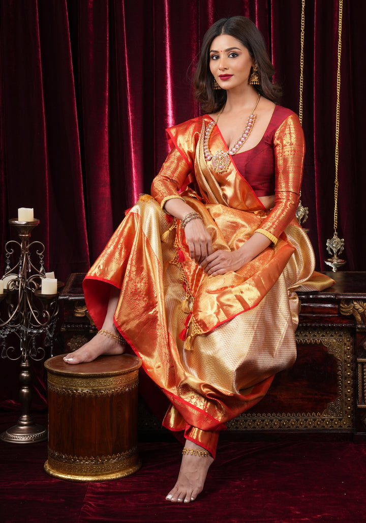 Gold Tissue Brocade Kanjivaram Pure Silk Saree with Wide Border | SILK MARK CERTIFIED