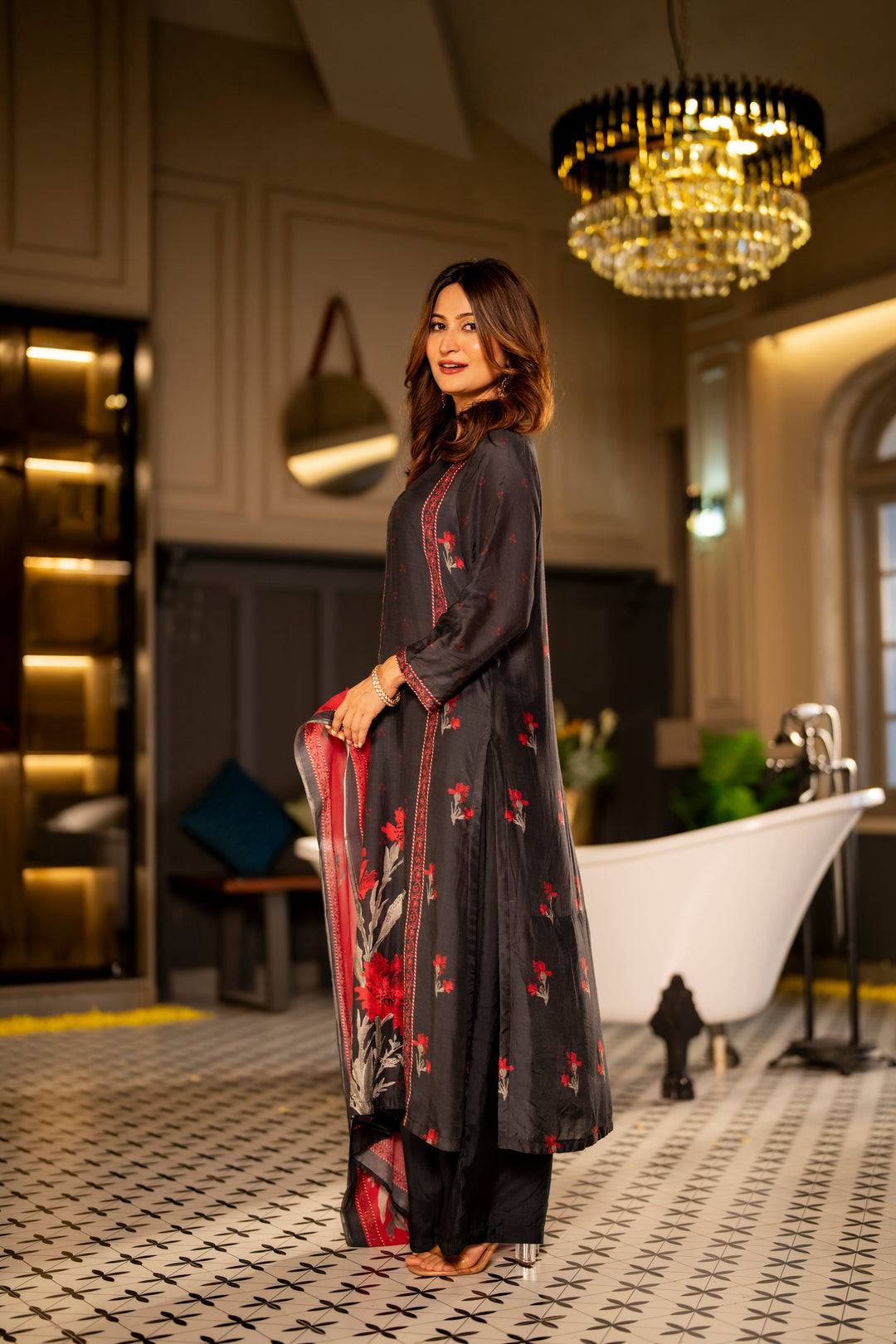 Black and Red Muslin Floral Panel Print Suit Set with beads work- SET OF-3 | SHOBITAM