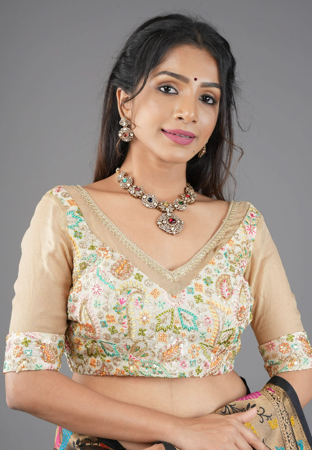 Cream Georgette Embroidered Blouse sequin cutdana and pure  Tissue Chiffon detailing, Customizable, Made To Order