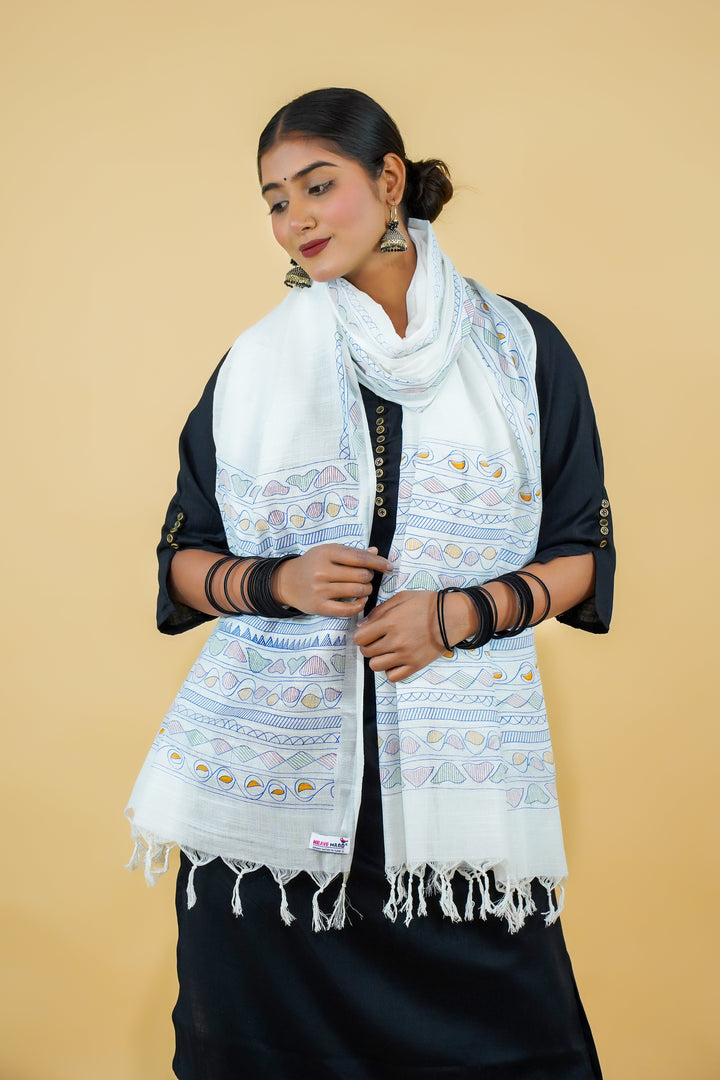 White Madhubani Print Cotton Dupatta