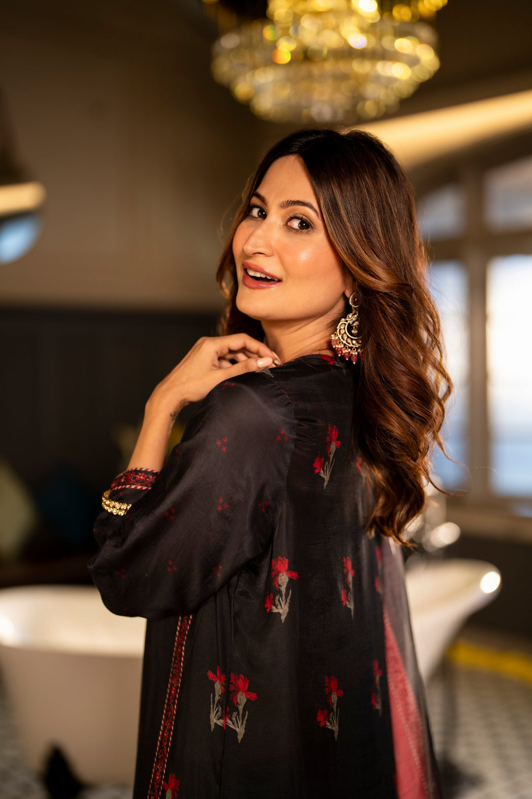 Black and Red Muslin Floral Panel Print Suit Set with beads work- SET OF-3 | SHOBITAM