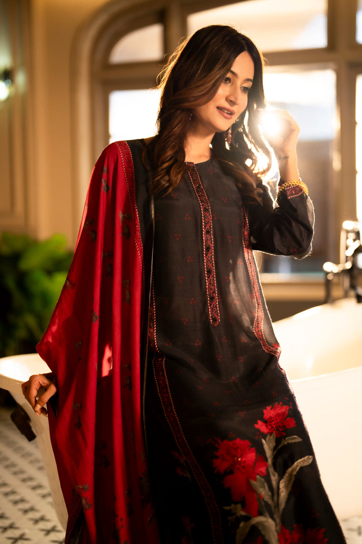 Black and Red Muslin Floral Panel Print Suit Set with beads work- SET OF-3 | SHOBITAM