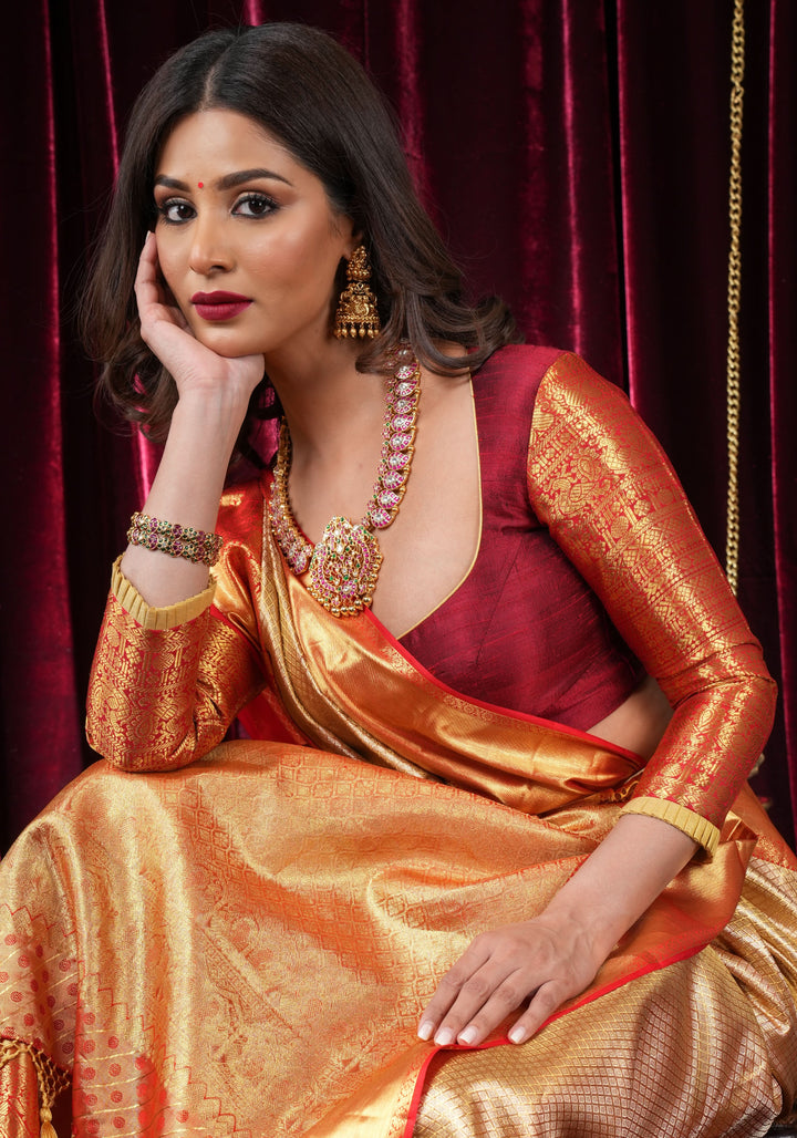 Gold Tissue Brocade Kanjivaram Pure Silk Saree with Wide Border | SILK MARK CERTIFIED