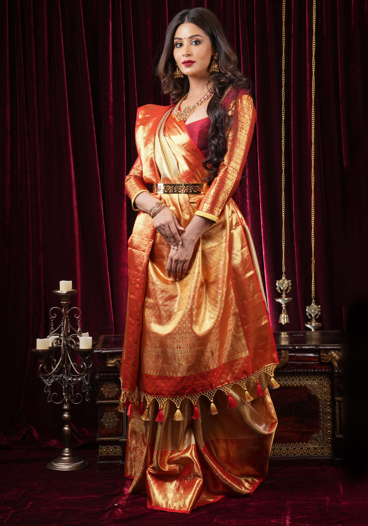 Gold Tissue Brocade Kanjivaram Pure Silk Saree with Wide Border | SILK MARK CERTIFIED