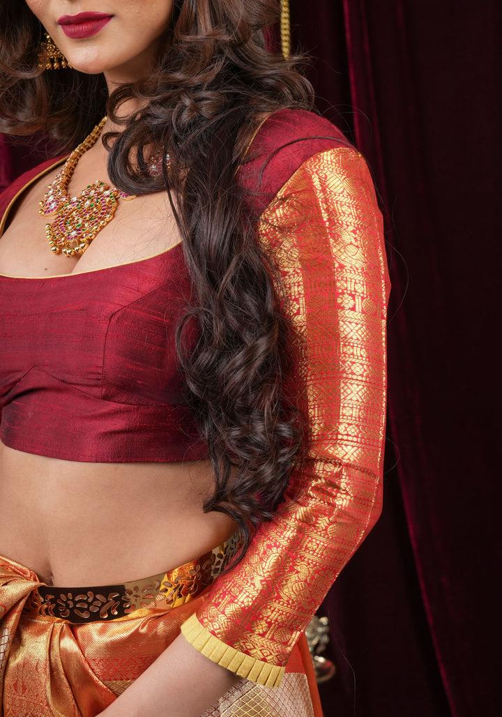 Maroon Raw Silk Blouse withscoop  neck and 16" Kanjivaram zari sleeve detailing| Made to order