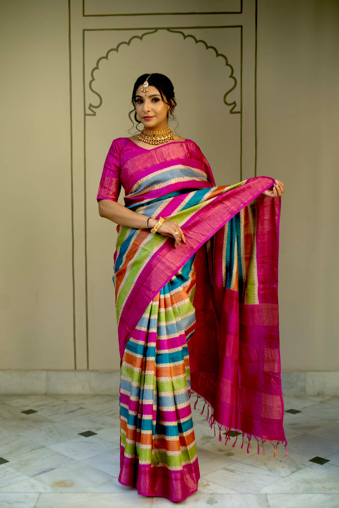 Multicolor Pure Handloom Jari Tussar Silk Saree with Blockprint and Zari Border | SILK MARK CERTIFIED