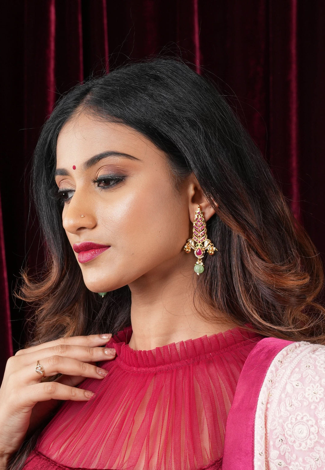 Pink floral vertical Stud Earrings