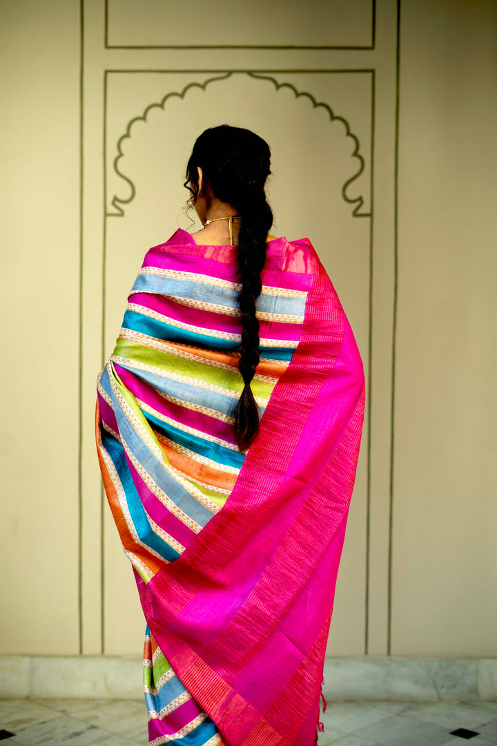 Multicolor Pure Handloom Jari Tussar Silk Saree with Blockprint and Zari Border | SILK MARK CERTIFIED