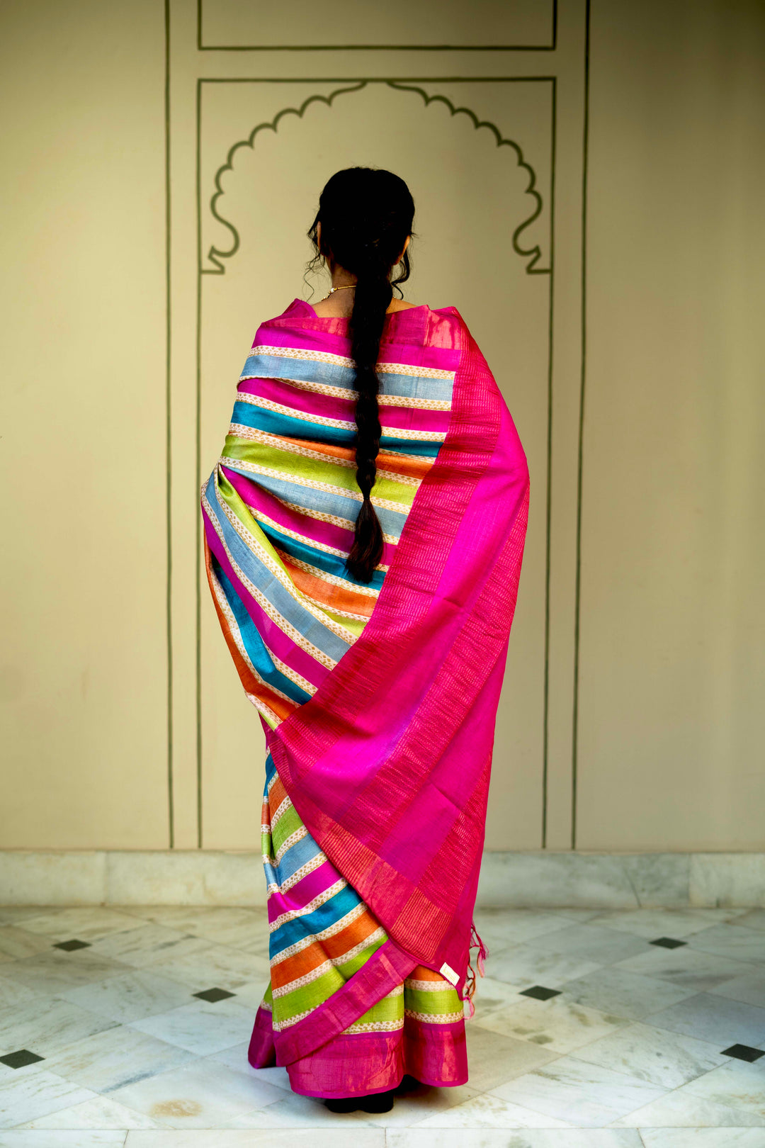 Multicolor Pure Handloom Jari Tussar Silk Saree with Blockprint and Zari Border | SILK MARK CERTIFIED